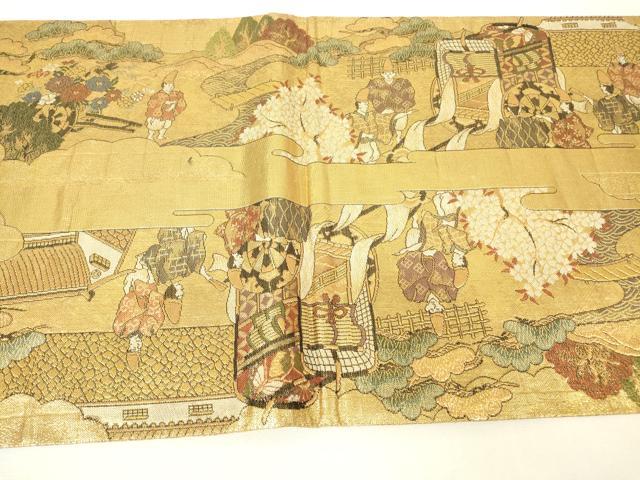 平和屋着物▼佐賀錦　全景全通柄袋帯　御所車人物文　金糸　正絹　逸品　DABH6265az