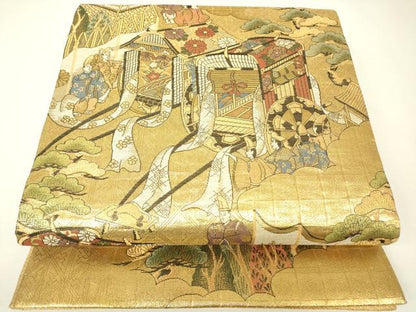 平和屋着物▼佐賀錦　全景全通柄袋帯　御所車人物文　金糸　正絹　逸品　DABH6265az