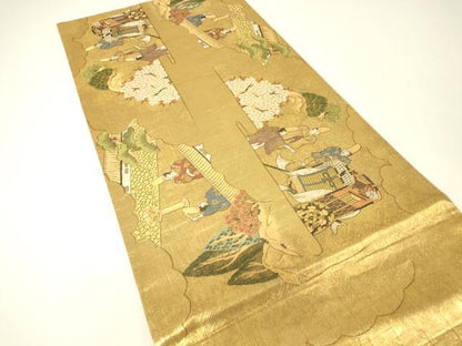 平和屋着物▼佐賀錦　全景全通柄袋帯　御所車人物文　金糸　正絹　逸品　DABH6265az