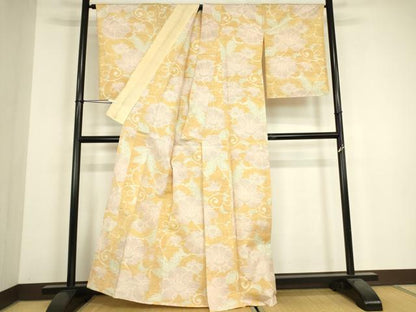 平和屋着物▽上質な紬　単衣　牡丹唐草文　正絹　逸品　DABH6287az