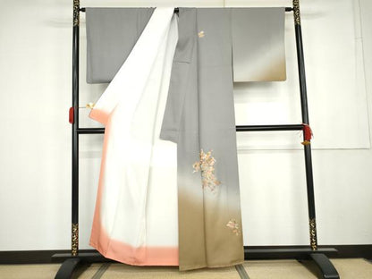 平和屋着物●訪問着　総刺繍　駒刺繍　短冊葡萄蔦の葉文　暈し染め　金糸　正絹　逸品　AABM2152cs