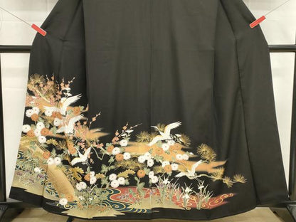 平和屋着物■豪華黒留袖　渡橋飛鶴花文　暈し染め　金彩　正絹　逸品　DABI0866cd