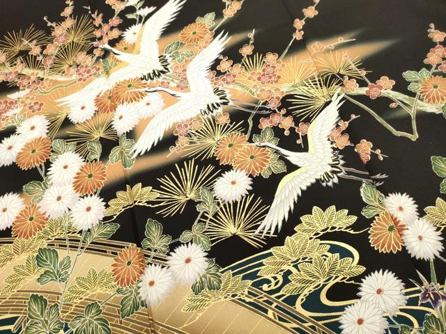 平和屋着物■豪華黒留袖　渡橋飛鶴花文　暈し染め　金彩　正絹　逸品　DABI0866cd