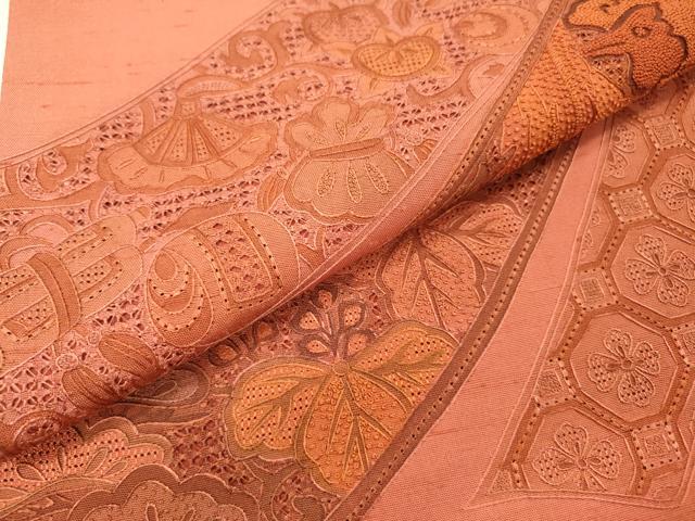 平和屋着物●中国三大刺繍　スワトウ刺繍　汕頭刺繍　相良刺繍　総刺繍　太鼓柄袋帯　紬地　鳳凰宝尽くし桐花文　正絹　逸品　DABH7117fe