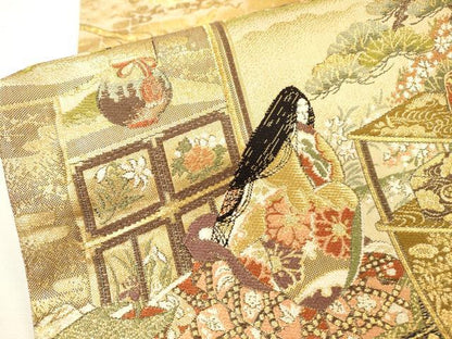 平和屋着物▼両面　全通柄袋帯　平安人物文　金糸　正絹　逸品　DABH7158fe