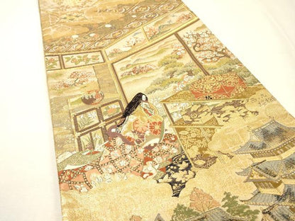 平和屋着物▼両面　全通柄袋帯　平安人物文　金糸　正絹　逸品　DABH7158fe