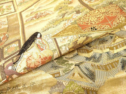 平和屋着物▼両面　全通柄袋帯　平安人物文　金糸　正絹　逸品　DABH7158fe