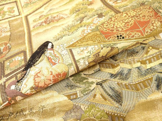 平和屋着物▼両面　全通柄袋帯　平安人物文　金糸　正絹　逸品　DABH7158fe