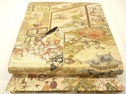 平和屋着物▼両面　全通柄袋帯　平安人物文　金糸　正絹　逸品　DABH7158fe