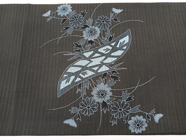 平和屋着物＊夏物　絽塩瀬　九寸開き名古屋帯　花籠文　黒地　正絹　逸品　BAAX7466hv