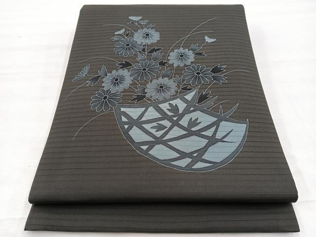 平和屋着物＊夏物　絽塩瀬　九寸開き名古屋帯　花籠文　黒地　正絹　逸品　BAAX7466hv