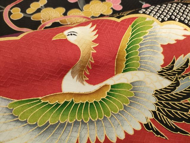 平和屋着物▼振袖　解き反物　着尺　駒刺繍　扇面花鳥文　黒地　金彩　逸品　DABH2754zzz