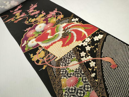 平和屋着物▼振袖　解き反物　着尺　駒刺繍　扇面花鳥文　黒地　金彩　逸品　DABH2754zzz