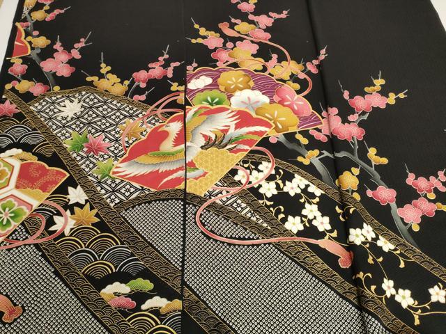 平和屋着物▼振袖　解き反物　着尺　駒刺繍　扇面花鳥文　黒地　金彩　逸品　DABH2754zzz