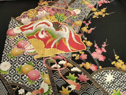 平和屋着物▼振袖　解き反物　着尺　駒刺繍　扇面花鳥文　黒地　金彩　逸品　DABH2754zzz