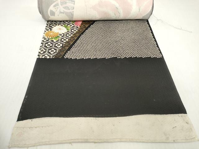平和屋着物▼振袖　解き反物　着尺　駒刺繍　扇面花鳥文　黒地　金彩　逸品　DABH2754zzz