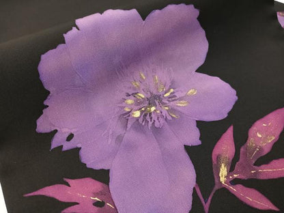 平和屋着物●塩瀬　九寸名古屋帯　ろうけつ染め　草花文　黒地　金彩　正絹　逸品　CABJ0724vp