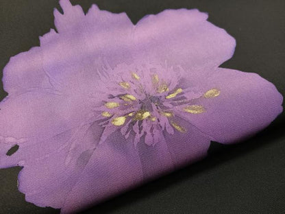 平和屋着物●塩瀬　九寸名古屋帯　ろうけつ染め　草花文　黒地　金彩　正絹　逸品　CABJ0724vp
