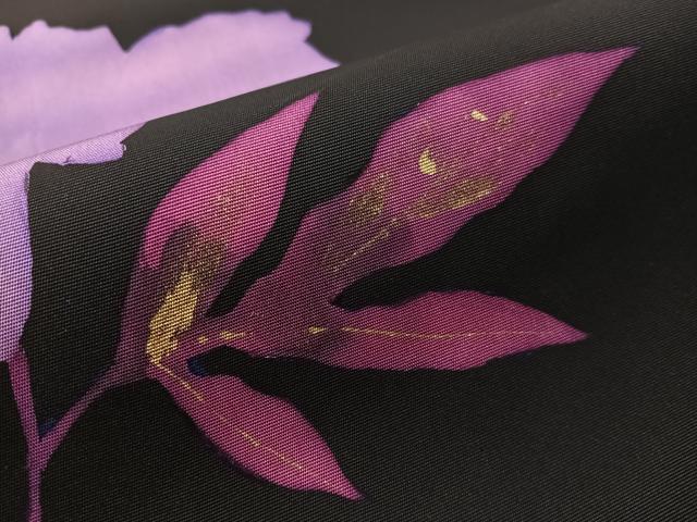 平和屋着物●塩瀬　九寸名古屋帯　ろうけつ染め　草花文　黒地　金彩　正絹　逸品　CABJ0724vp