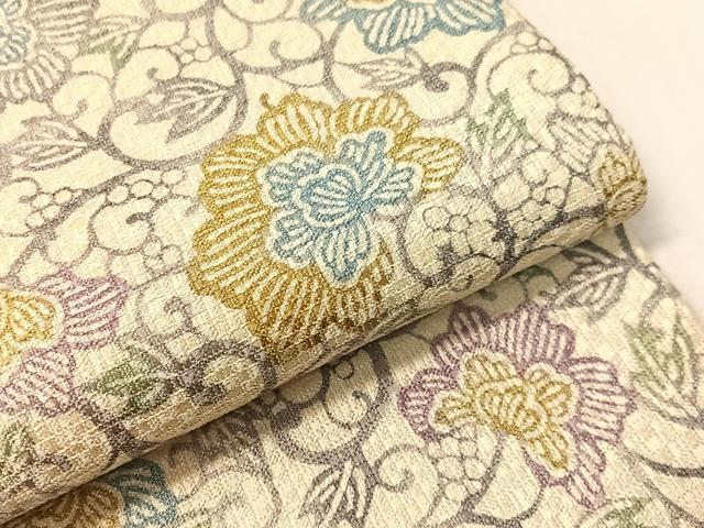 平和屋着物●西陣　弥栄織物謹製　九寸名古屋帯　型染め　更紗唐草間道　金通し地　やまと誂製　証紙付き　正絹　逸品　CABJ0723vp