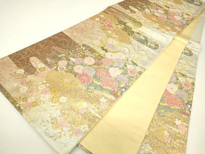 平和屋着物▼六通柄袋帯　霞取花文　金糸　正絹　逸品　DABH6336az