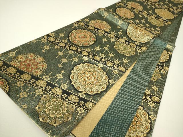 平和屋着物▼両面　六通柄袋帯　正倉院華紋　金糸　引箔　正絹　逸品　DABH6328az