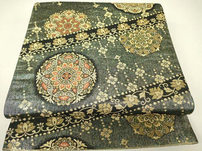 平和屋着物▼両面　六通柄袋帯　正倉院華紋　金糸　引箔　正絹　逸品　DABH6328az