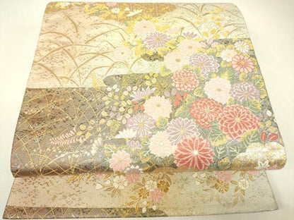 平和屋着物▼六通柄袋帯　霞取花文　金糸　正絹　逸品　DABH6336az