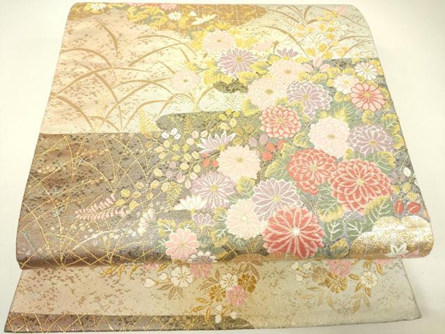 平和屋着物▼六通柄袋帯　霞取花文　金糸　正絹　逸品　DABH6336az