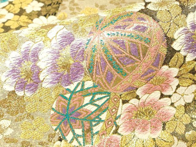 平和屋着物▼六通柄袋帯　花毬文　ダイヤ箔　金糸　正絹　逸品　DABH6363az