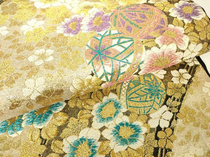 平和屋着物▼六通柄袋帯　花毬文　ダイヤ箔　金糸　正絹　逸品　DABH6363az