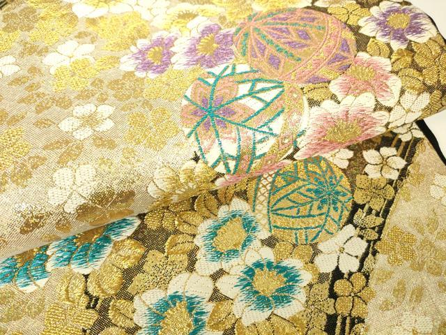 平和屋着物▼六通柄袋帯　花毬文　ダイヤ箔　金糸　正絹　逸品　DABH6363az
