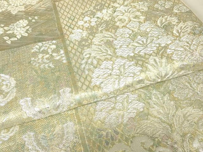 平和屋着物▼六通柄袋帯　舞蝶更紗花文　銀糸　引箔　正絹　逸品　DABH6370az