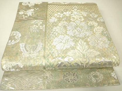 平和屋着物▼六通柄袋帯　舞蝶更紗花文　銀糸　引箔　正絹　逸品　DABH6370az