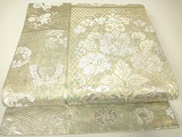 平和屋着物▼六通柄袋帯　舞蝶更紗花文　銀糸　引箔　正絹　逸品　DABH6370az