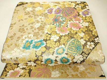 平和屋着物▼六通柄袋帯　花毬文　ダイヤ箔　金糸　正絹　逸品　DABH6363az