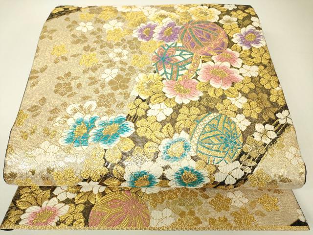 平和屋着物▼六通柄袋帯　花毬文　ダイヤ箔　金糸　正絹　逸品　DABH6363az
