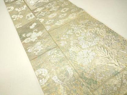 平和屋着物▼六通柄袋帯　舞蝶更紗花文　銀糸　引箔　正絹　逸品　DABH6370az