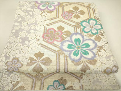 平和屋着物▼六通柄袋帯　亀甲舞花文　金銀糸　正絹　逸品　DABH6389az