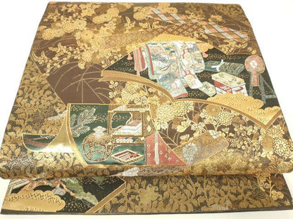 平和屋着物▼六通柄袋帯　勝宝蒔絵文　本漆研ぎ出し引箔袋　金糸　正絹　逸品　DABH6383az