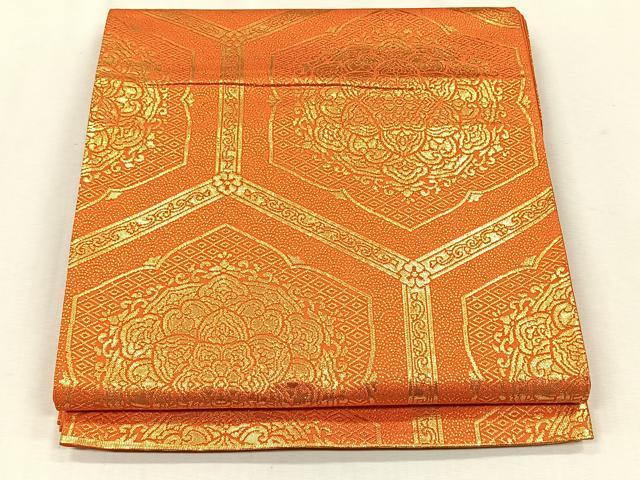 平和屋着物◎全通柄袋帯　正倉院亀甲花文　金糸　正絹　逸品　CABJ6032yk