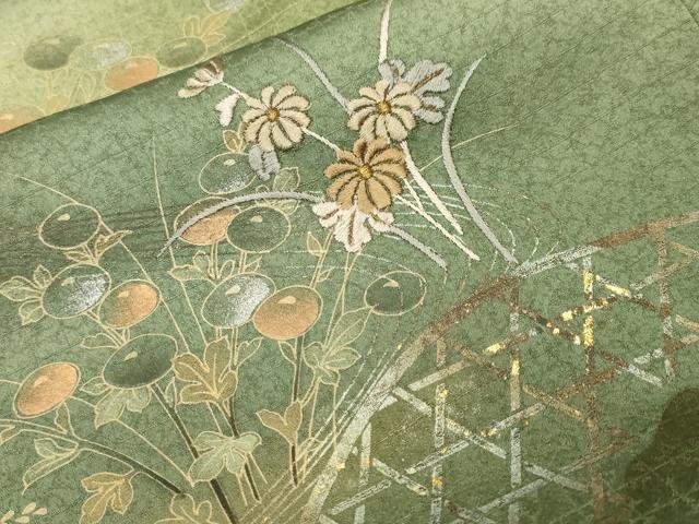 平和屋着物■訪問着　刺繍　籬万寿菊草花文　暈し染め　金銀彩　正絹　逸品　CABJ2930ev