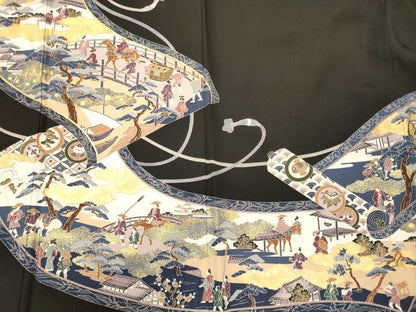 平和屋着物■豪華黒留袖　作家物　駒刺繍　人物風景松文　金彩　正絹　逸品　CABJ6853oy