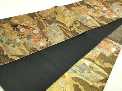 平和屋本店▼六通柄袋帯　蒔絵地紙文　本金箔　正絹　逸品　DABI1241sf