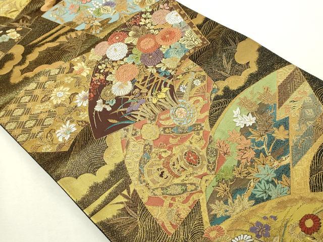 平和屋本店▼六通柄袋帯　蒔絵地紙文　本金箔　正絹　逸品　DABI1241sf