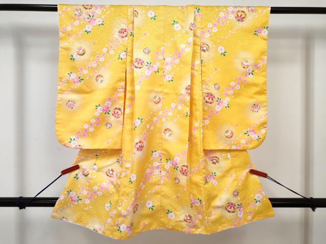 平和屋着物[]七五三　女の子　３歳　祝着　三つ身　長襦袢(単衣)・被布・草履・小物セット　鞠花文　暈し染め　金彩　箱付き　DABG3152ma