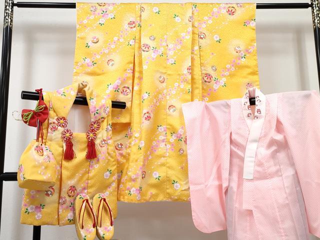 平和屋着物[]七五三　女の子　３歳　祝着　三つ身　長襦袢(単衣)・被布・草履・小物セット　鞠花文　暈し染め　金彩　箱付き　DABG3152ma