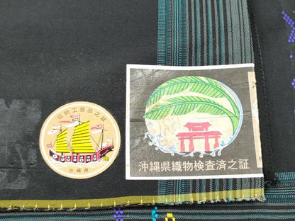 平和屋着物●仲眞留美子　太鼓柄袋帯　首里花織　幾何学間道　仲眞そめおり工房謹製　証紙付き　正絹　逸品　CABJ5136hy