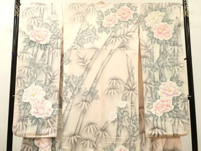 平和屋着物▼豪華振袖　手描き　笹竹牡丹文　正絹　逸品　DABH7404fe