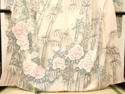平和屋着物▼豪華振袖　手描き　笹竹牡丹文　正絹　逸品　DABH7404fe